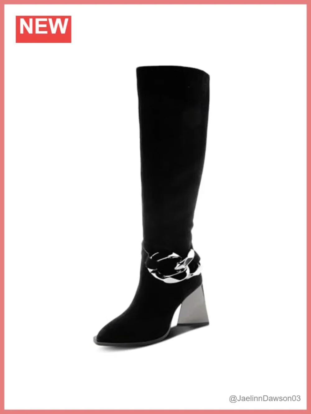 Vegan Microsuede Knee High Boots with Mirrored Triangular Heel and Zipper